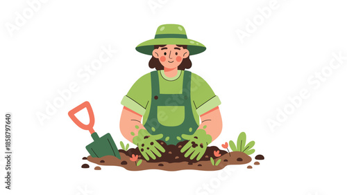 Gardener planting flowers in soil with shovel nearby outdoors