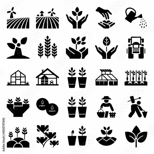 Collection of gardening and farming icons including plants, tools, and agricultural activities