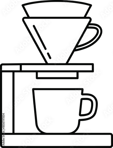 Clean black and white outline of a V60 style coffee brewer with ceramic cup for specialty cafe branding.