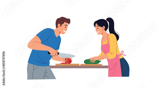 Couple preparing meal together in kitchen happily