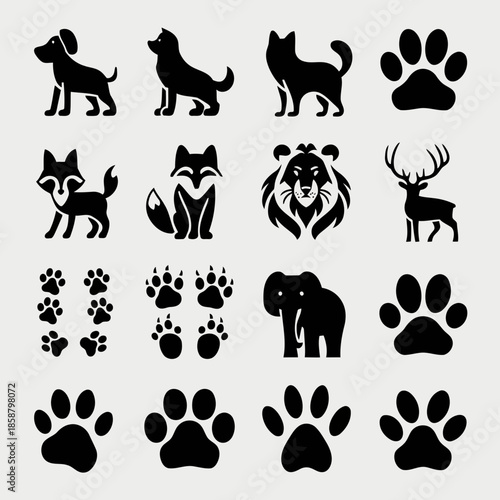 Collection of black silhouettes of various animals and their paw prints, including dogs, cats, foxes, lions, deer, and elephants