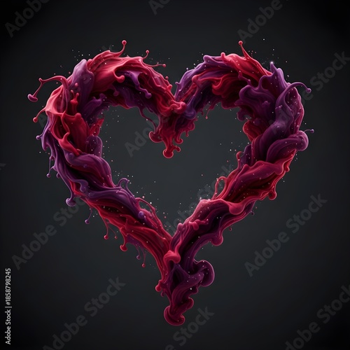 Vibrant magenta and violet liquid paint frozen in a dramatic heart-shaped splash motion.