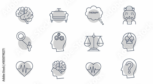 Collection of line art icons representing mental health, psychology, and well-being concepts.