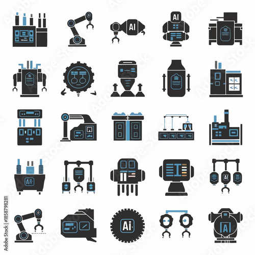 Collection of various industrial and technological icons including robots, machinery, and artificial intelligence symbols