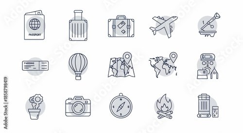 Collection of travel and adventure themed line art icons, perfect for web and print designs.