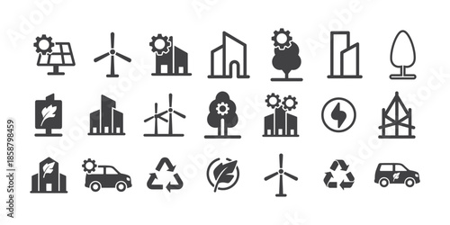 A collection of black glyph icons focused on environmental sustainability, ecology, and renewable energy technologies. 