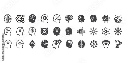 A collection of 30 icons themed around artificial intelligence, machine learning, and human cognition. 