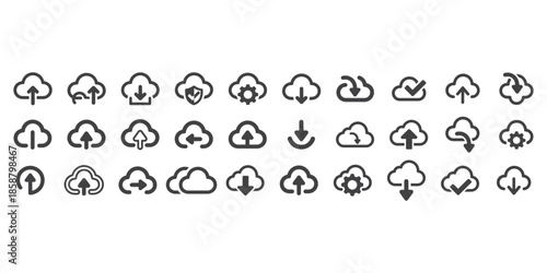 Variety of cloud icons in different shapes and styles on white background