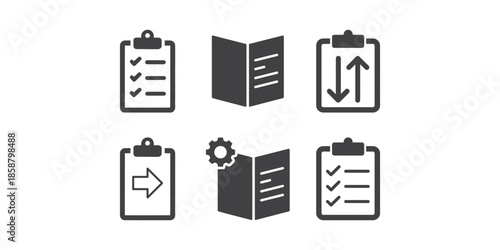  A set of six vector icons related to documents, lists, and settings. 