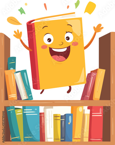 Cheerful Book Character Jumping Out of a Bookshelf for Fun, Educational, and Playful Concept