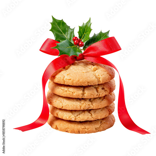 Holiday Cookies Stacked With Red Ribbon and Greenery for Festive Decoration a...