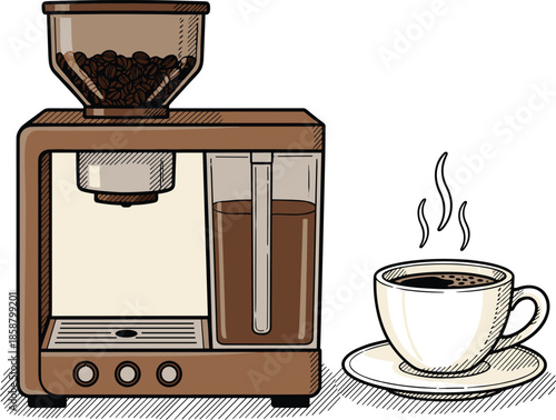 Home barista brewing equipment featuring a sleek brown coffee maker with fresh roasted beans and hot beverage mug.