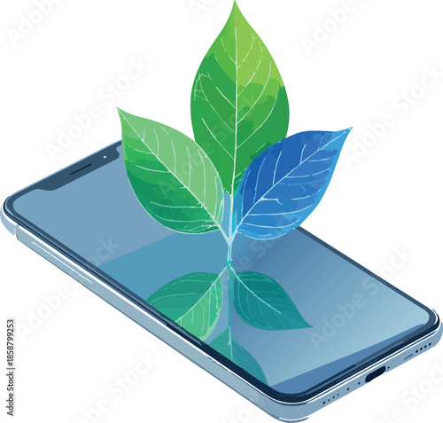 Futuristic Holographic Leaf Emerging from Smartphone Representing Technology and Environmental Innovation
