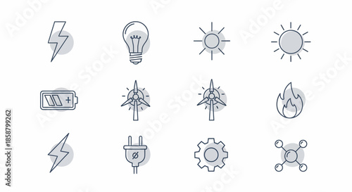 Energy Source Icons - Lightning, Lightbulb, Sun, Battery, Wind Turbine, Fire, Plug, Gear, Molecule.