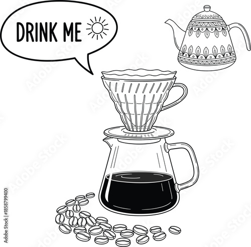 Manual pour over coffee dripper and glass carafe illustration with roasted beans and ornate teapot vector.