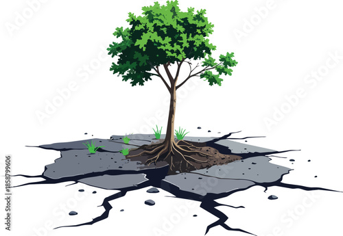 Tree Sapling Emerging from Cracked Asphalt Representing Urban Renewal and Environmental Resilience