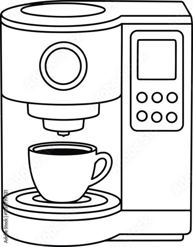 Professional barista equipment graphic showing a sleek coffee brewer and single mug isolated on white background.