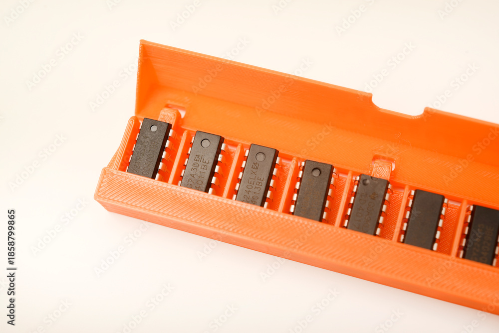 Naklejka premium Microchips in a plastic case. Integrated circuits in a plastic storage case. Electronic chips.