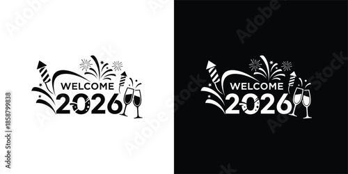 Welcome 2026 New Year Banner with Festive Fireworks and Toasting Champagne Glasses