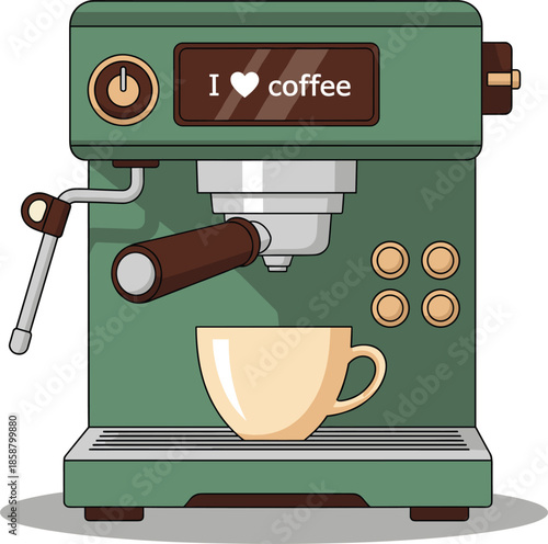 Retro green espresso machine vector illustration with I love coffee text on screen and cream colored cup.