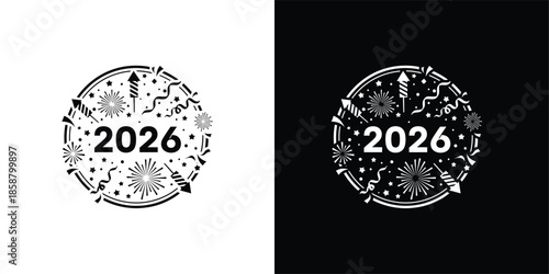 Happy New Year 2026 Circular Celebration Icon with Fireworks and Party Streamers