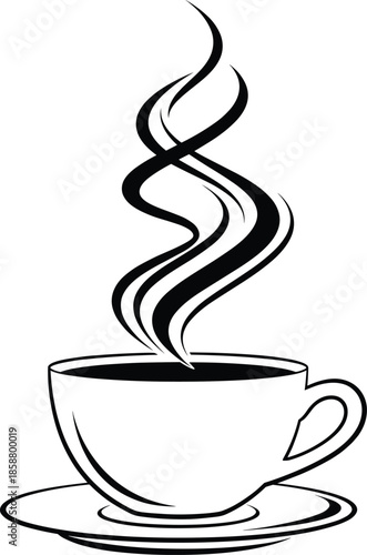 Simple black and white illustration of a hot beverage mug on a saucer with artistic vapor swirls.