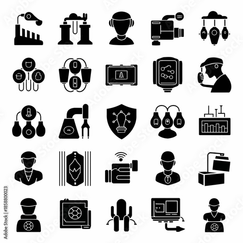 Set of icons representing various cybersecurity and technology concepts, including surveillance, encryption, and data protection