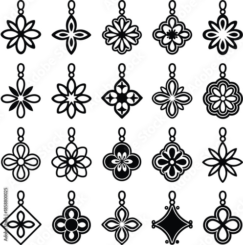 Black and white pendant vector set featuring 20 symmetrical floral and geometric hanging designs for jewelry or decoration.