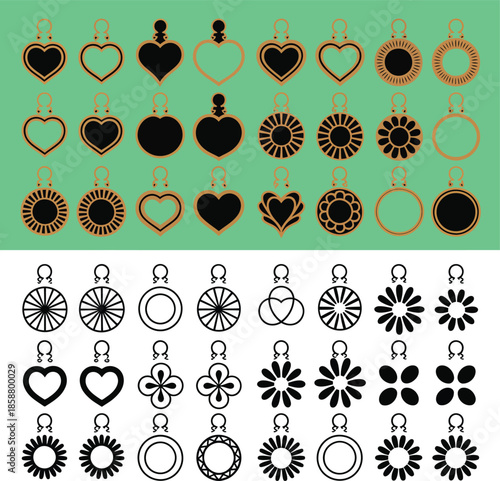 Earring vector set with 80 symmetrical black, gold, and white designs on green and white backgrounds for fashion cataloging.