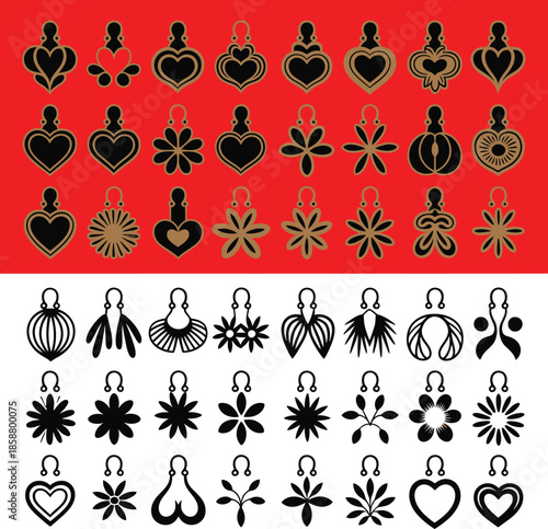 Earring vector set with 54 black, gold, and white symmetrical designs on red and white backgrounds for fashion cataloging.