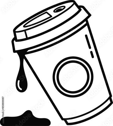 Simple black and white illustration of a tipping disposable coffee mug on a white background.