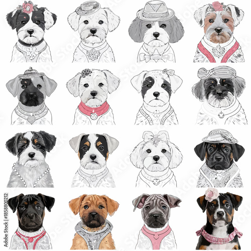 Cute cartoon dogs with various accessories and expressions, illustrated in a sketch style on