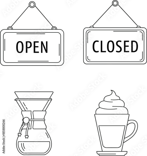 Vector set featuring hanging open and closed shop signs with glass pour over brewer and latte glass.