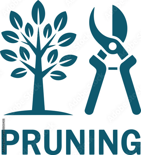 Pruning shears and tree vector icon for gardening, landscaping, and plant care—bold graphic for clear visual communication.