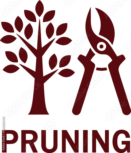 Pruning shears and tree vector icon in dark red for gardening, landscaping, and horticulture-themed design applications.