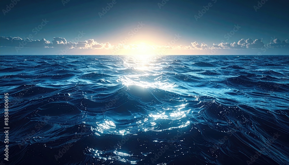 Fototapeta premium Vast Deep Blue Ocean Surface Under Bright Golden Sunrise With Reflecting Light And Dramatic Clouds On The Horizon