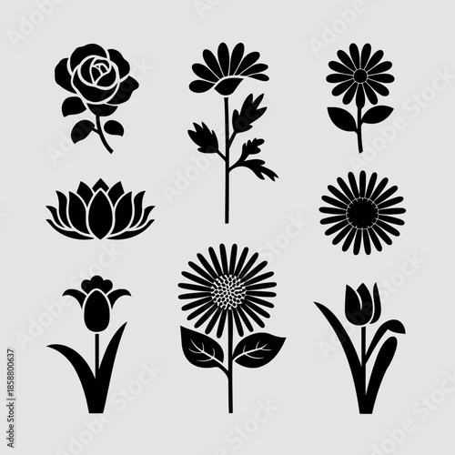 Set of nine black and white floral icons including rose, tulip, daisy, and lotus