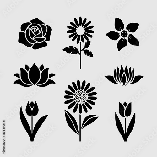 Set of eight different black and white flower illustrations including rose, sunflower, lotus, and tulip
