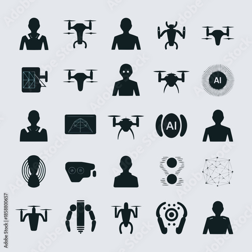 Set of icons representing technology, surveillance, artificial intelligence, drones, and cybersecurity concepts