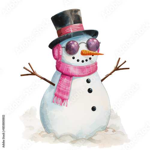 Snowman in Winter Outfit With Sunglasses, Hat, and Scarf on a Snowy Background