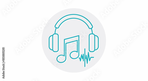 Headphones with musical note and sound wave line art icon.