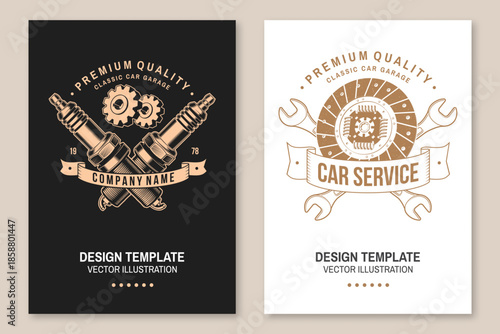 Auto service flyer, brochure, banner, poster. Vector. For expert service car repair center, restoration and car club with wrench, vehicle clutch, automobile spark plug silhouette