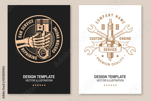 Auto service flyer, brochure, banner, poster. Vector. For expert service car repair center, restoration and car club with wrench, human skeleton hand holding automobile tools pistons, pistons