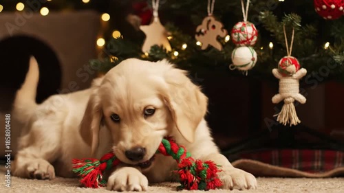 Sweet Golden Retriever Puppy Joyfully Chewing on Holiday Rope Toy Near a Beautifully Lit Christmas Tree