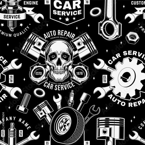 Auto service seamless pattern or background. Vector. Wallpaper design for expert service car repair center, restoration and car club with wrench, gears, spark plug, skull, automobile tools pistons