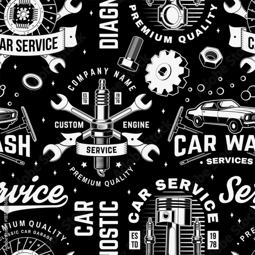 Auto service seamless pattern or background. Vector. Wallpaper design for expert service car repair center, restoration and car club with wrench, gears, spark plug, skull, automobile tools pistons