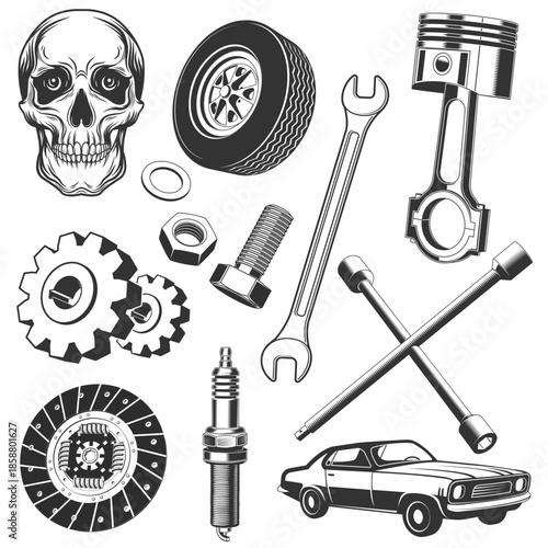 Set of black and white auto parts icons silhouette. Vector. Monochrome icon set with piston, spark plug, wheel, disk clutch, wrench, gears, car parts clip art