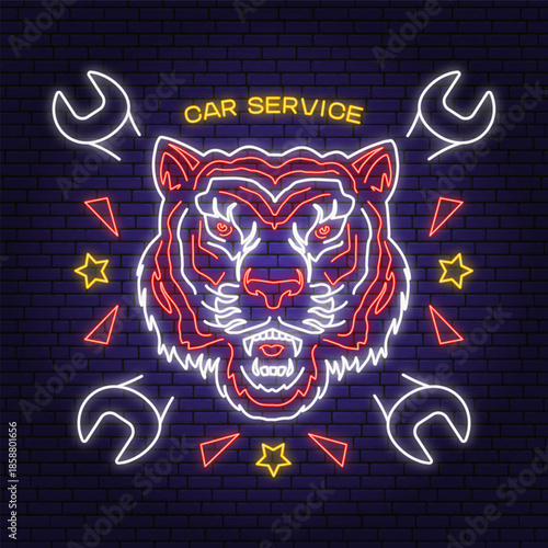 Auto service logo, emblem, badge in neon style. Vector. For expert service car repair center, restoration with tiger and wrench. Auto repair emblem sign, night bright advertising car service