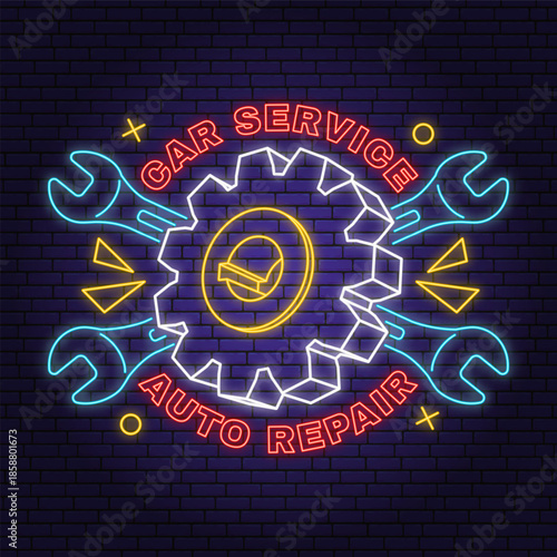 Auto service logo, emblem, badge in neon style. Vector. Service car repair, restoration and car club design elements. Auto repair emblem sign, night bright advertising car service