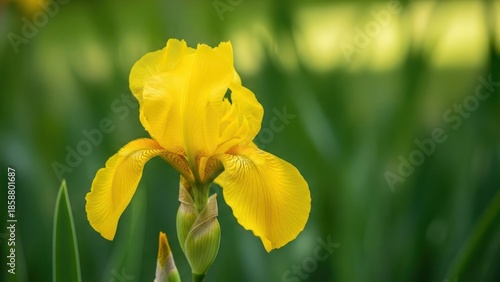 A single vibrant yellow iris flower blooms against a soft green bokeh background